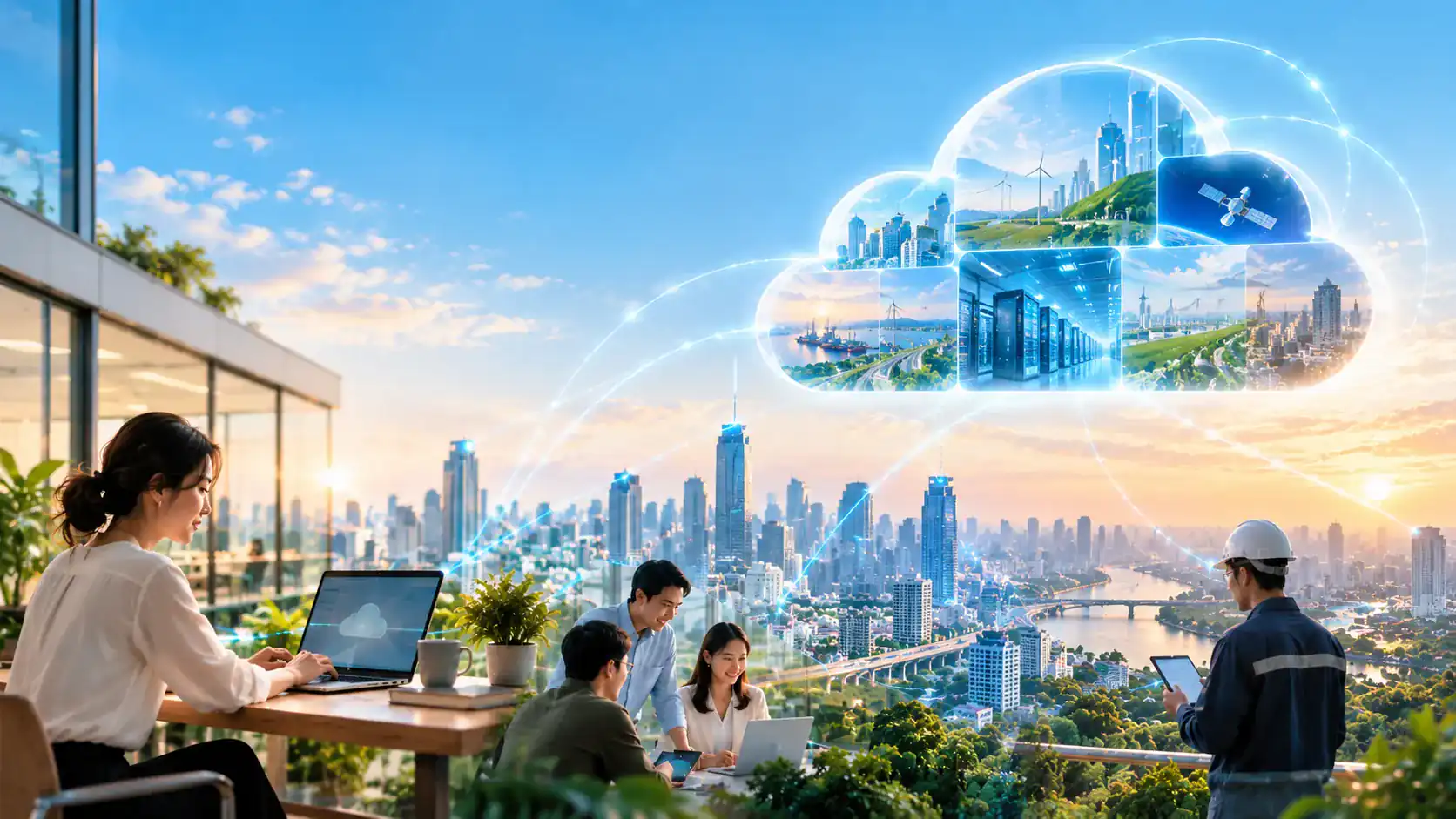 People collaborating with cloud services over a city