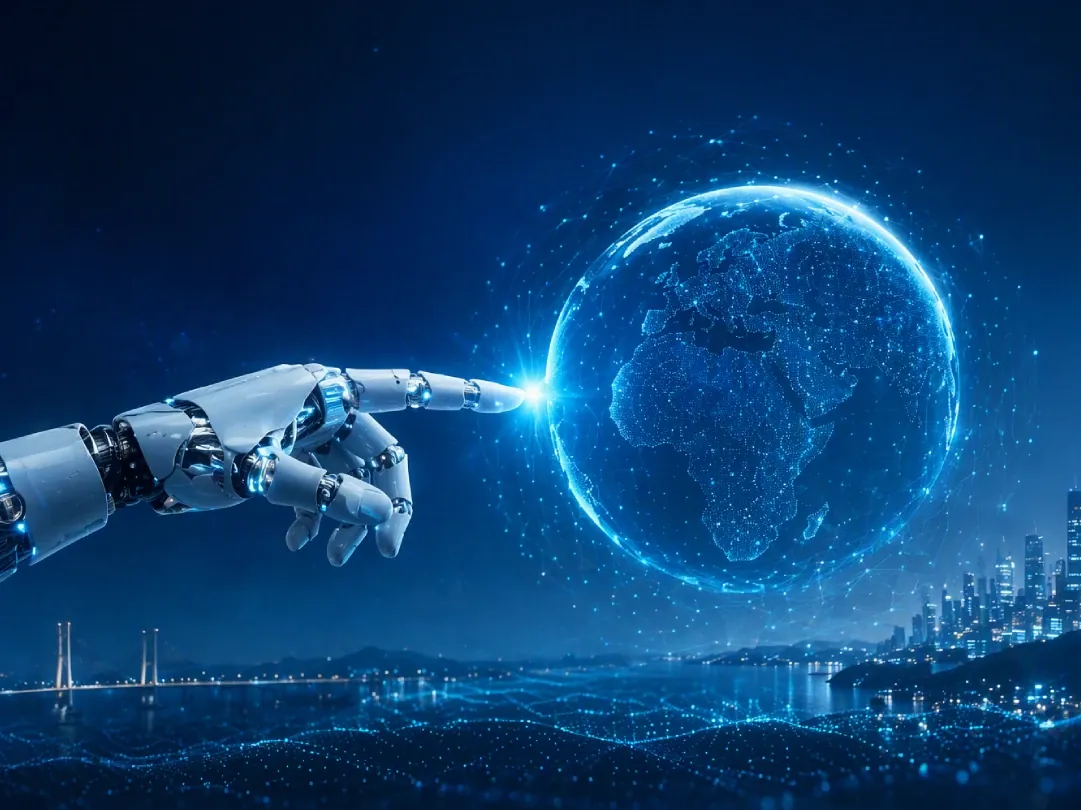 Robotic hand touching a digital globe