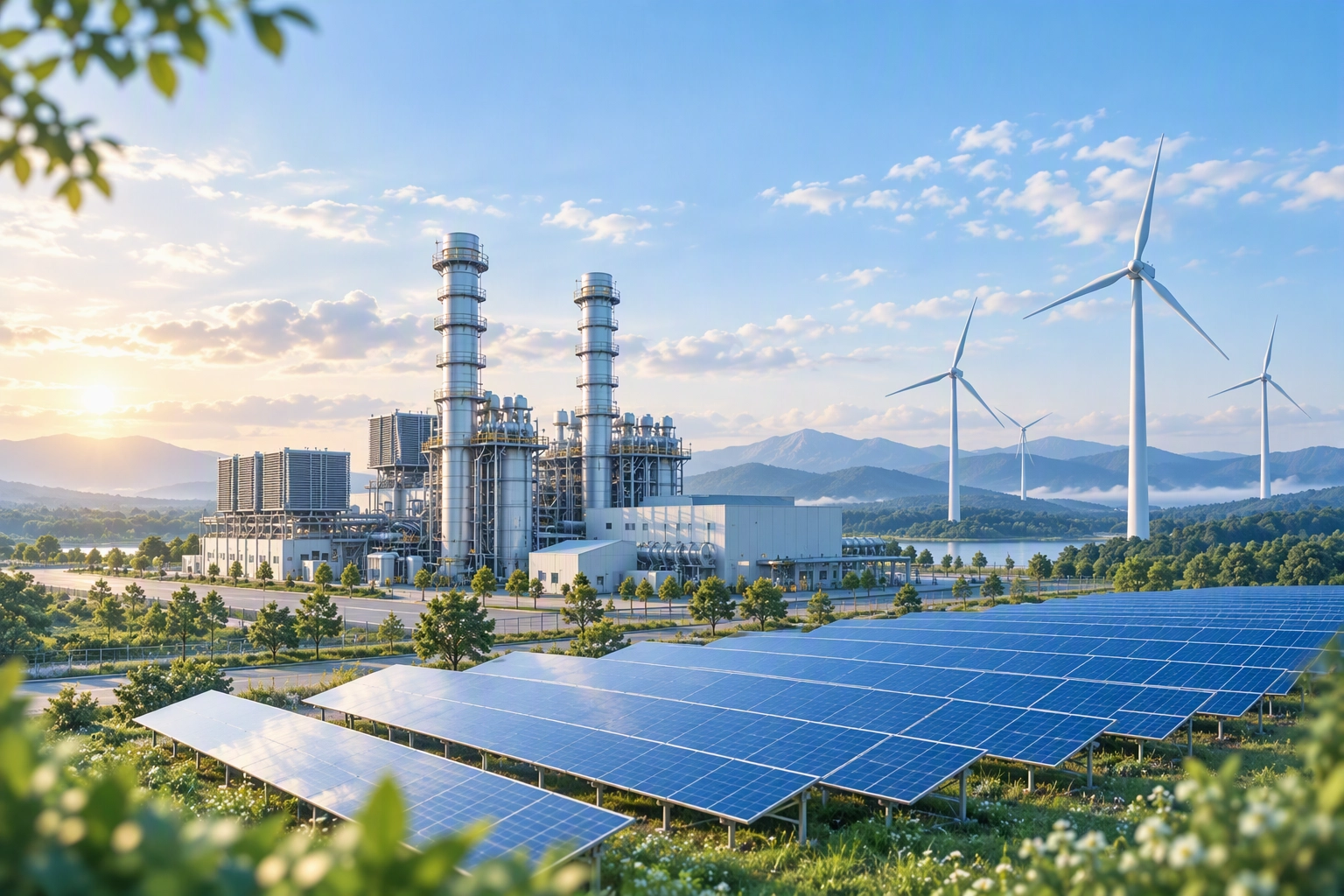 Gas-fired power plant, solar panels, and wind turbines
