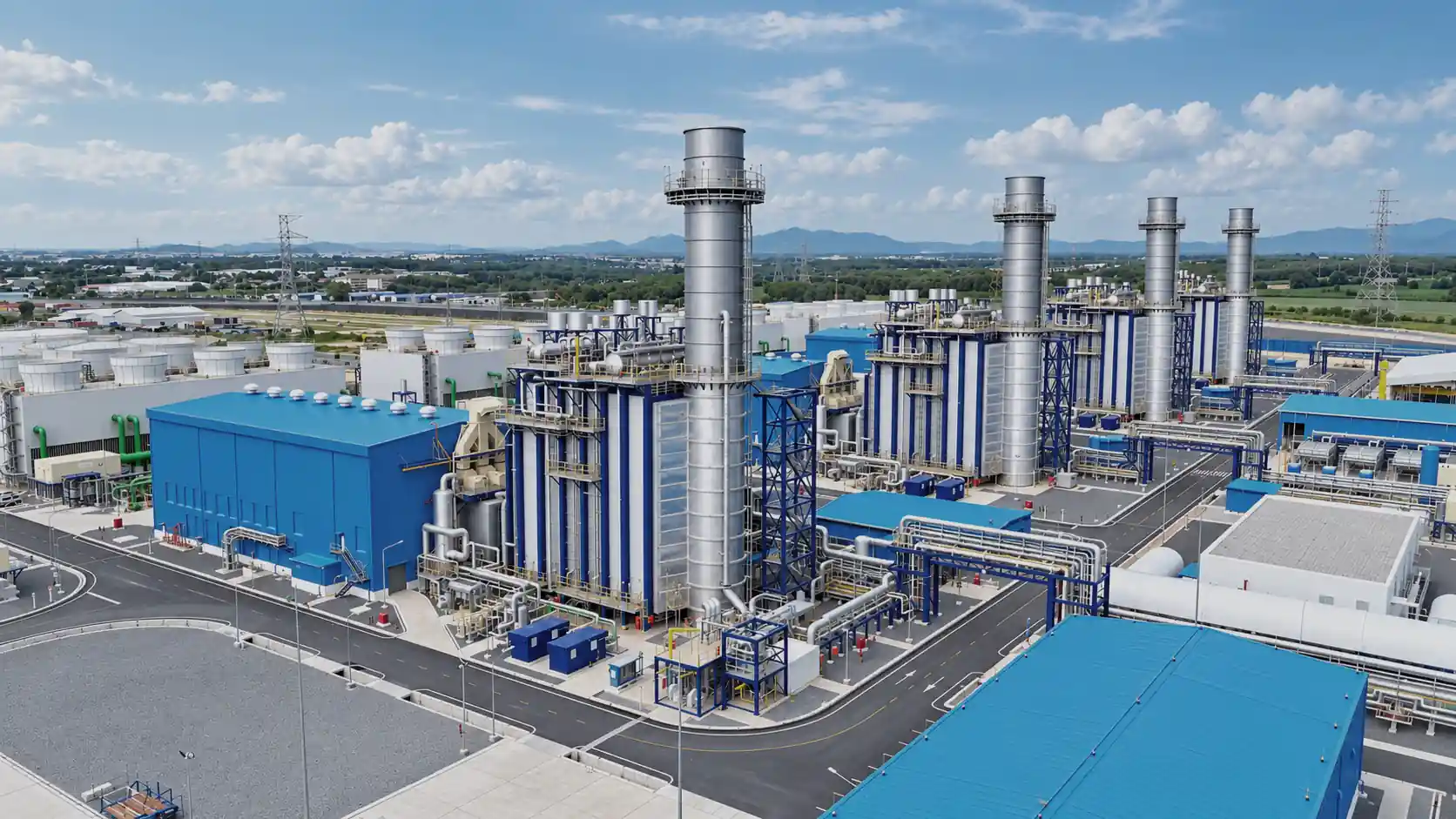 Combined-cycle gas-fired power plant at dusk