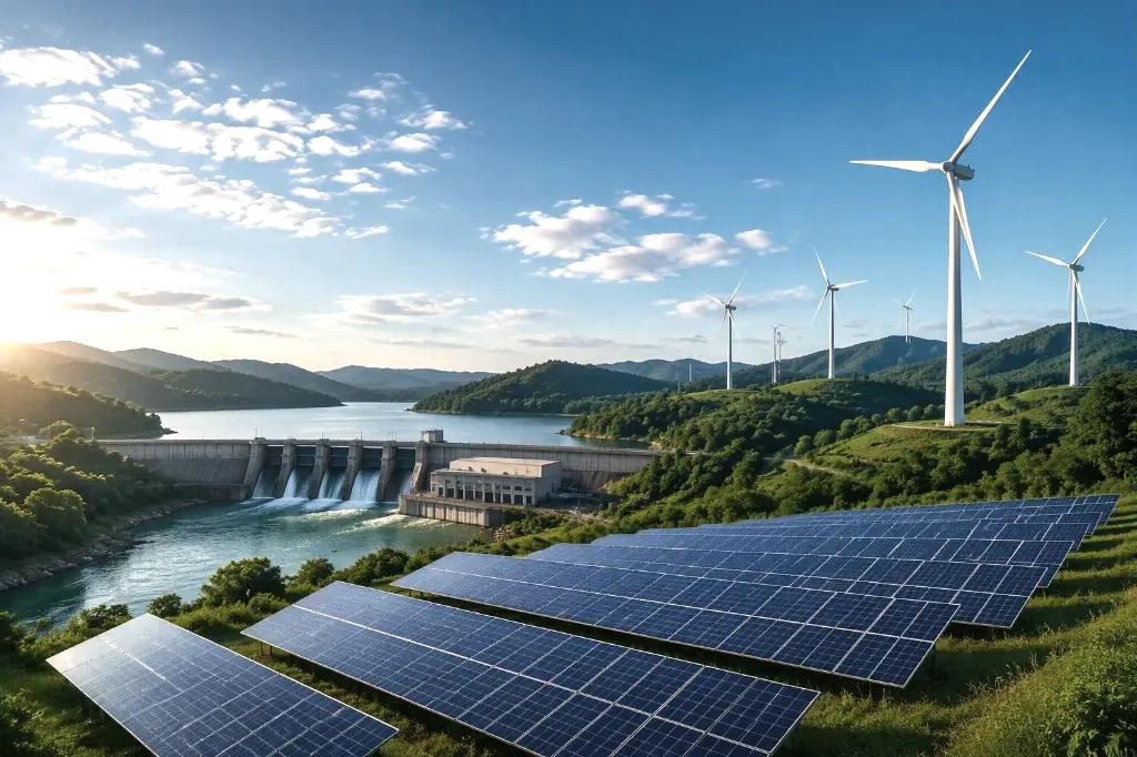 Solar panels, hydroelectric dam, and wind turbines