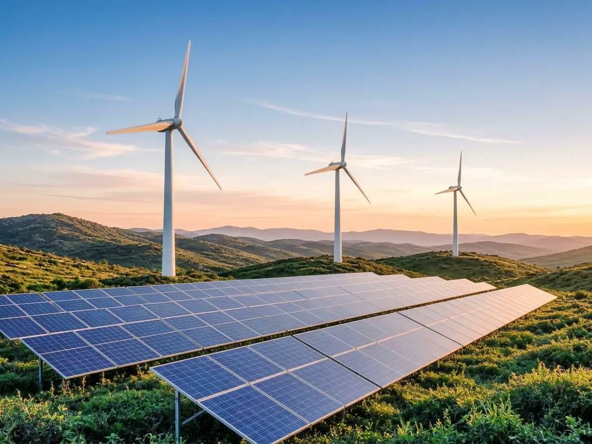 Solar panels and wind turbines at sunset