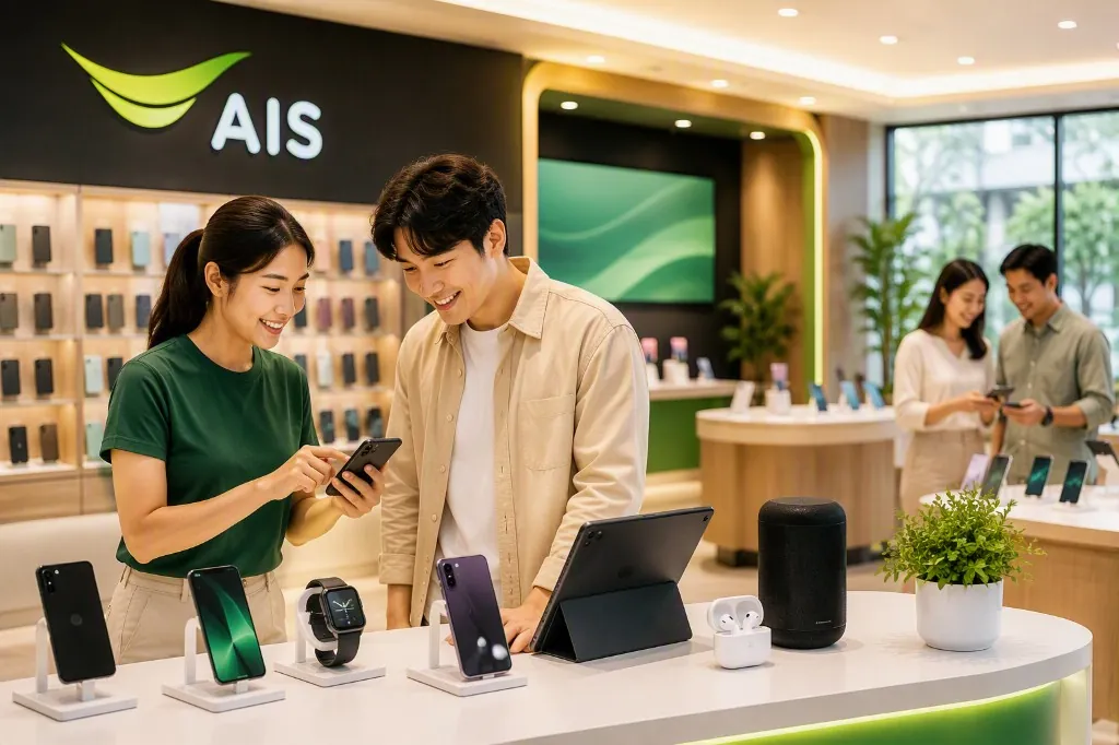 Customers browsing devices in an AIS store