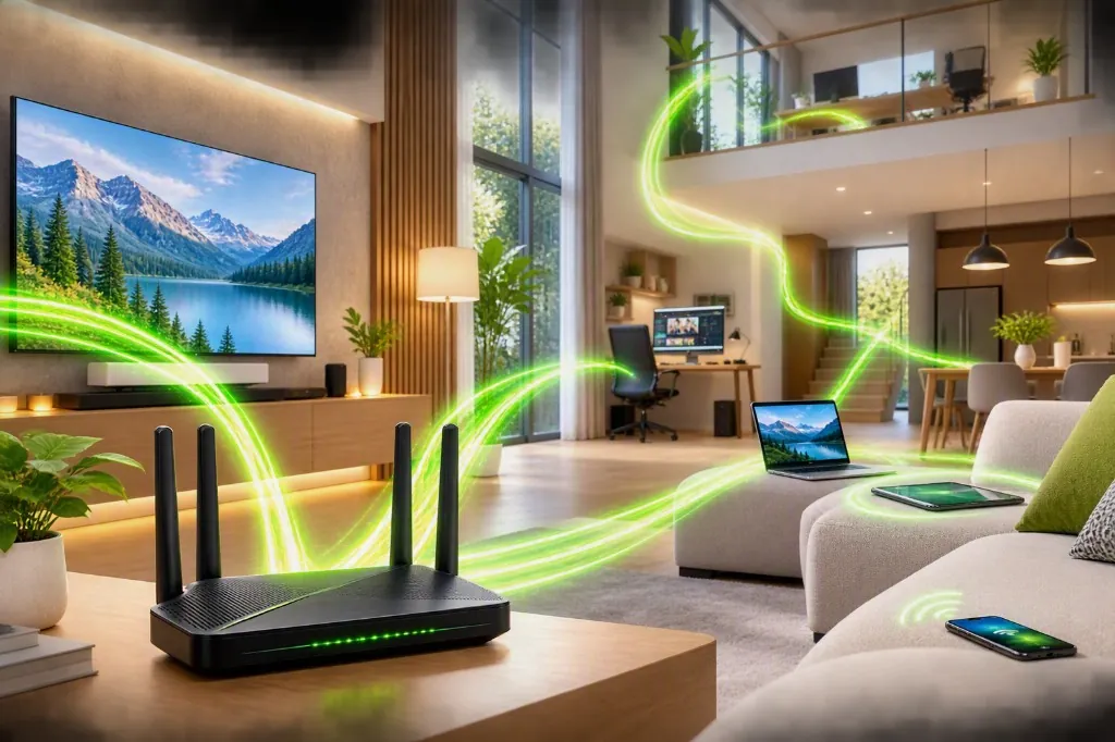 Home router connecting a living room with high-speed broadband