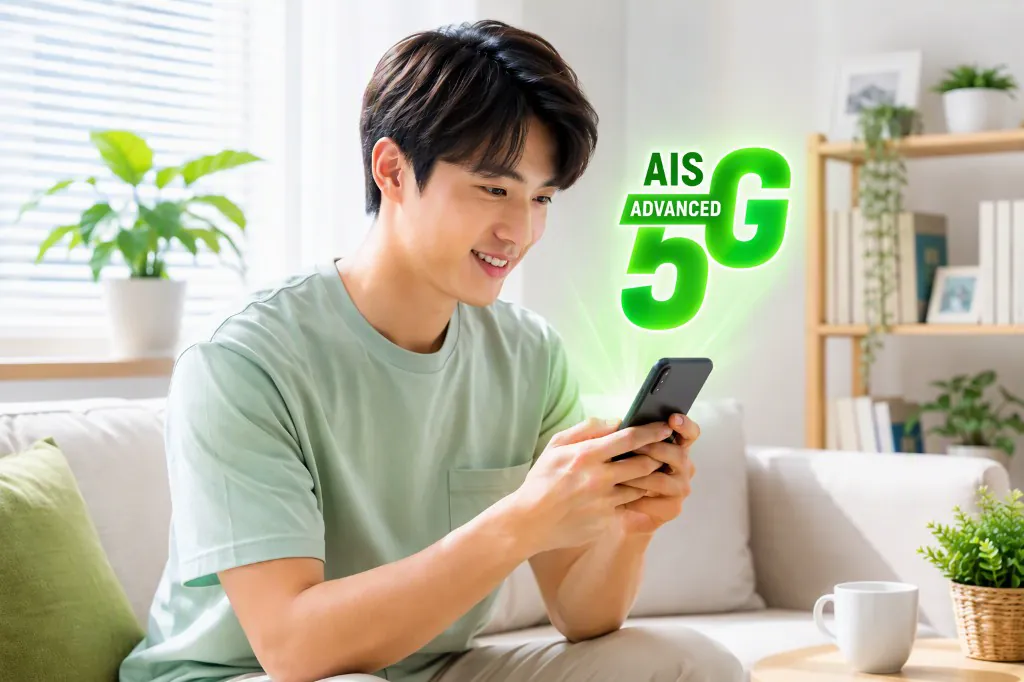 Person using a smartphone with an AIS 5G Advanced graphic