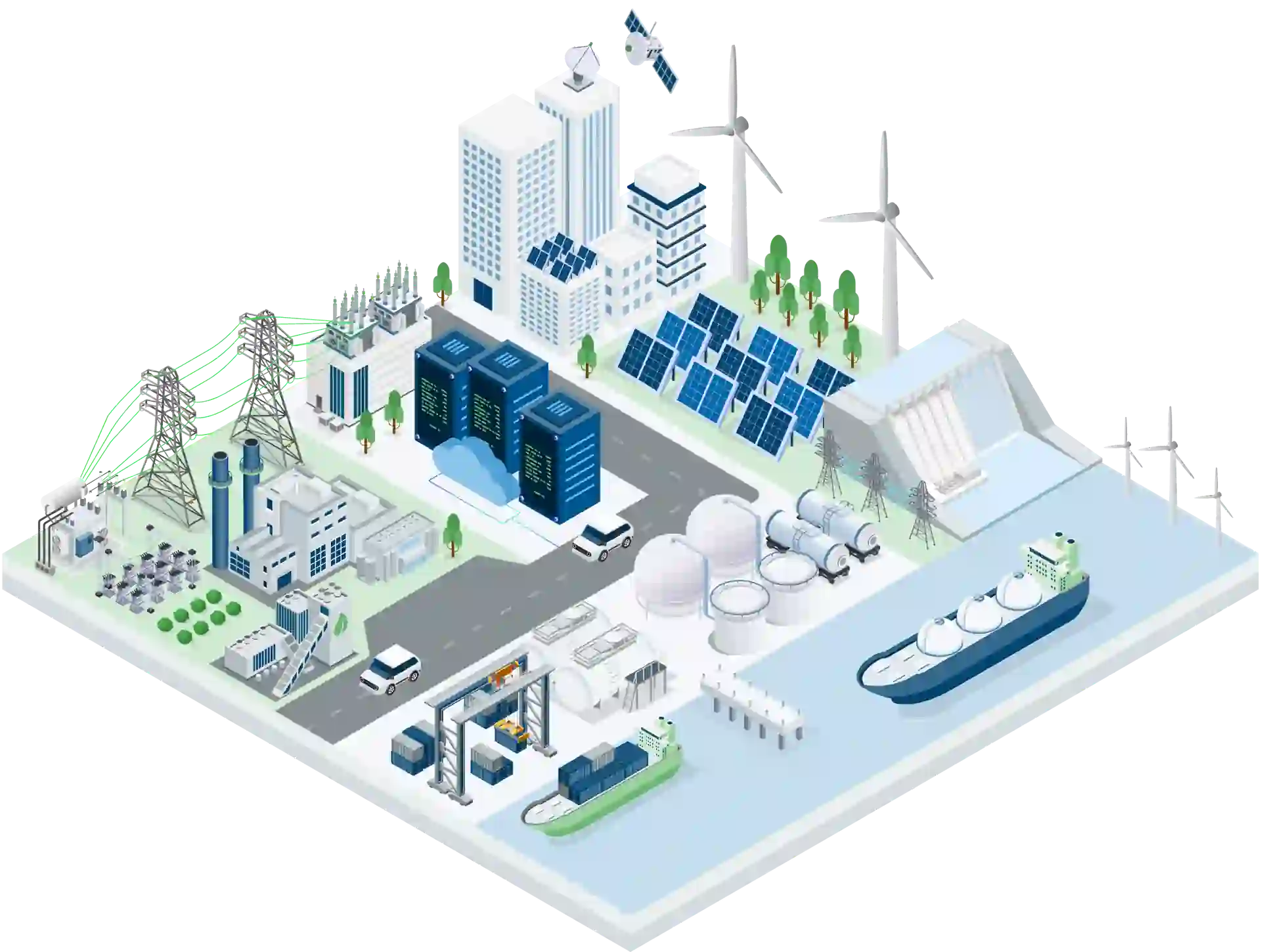 Isometric illustration of GULF energy, port, digital, and telecommunication infrastructure